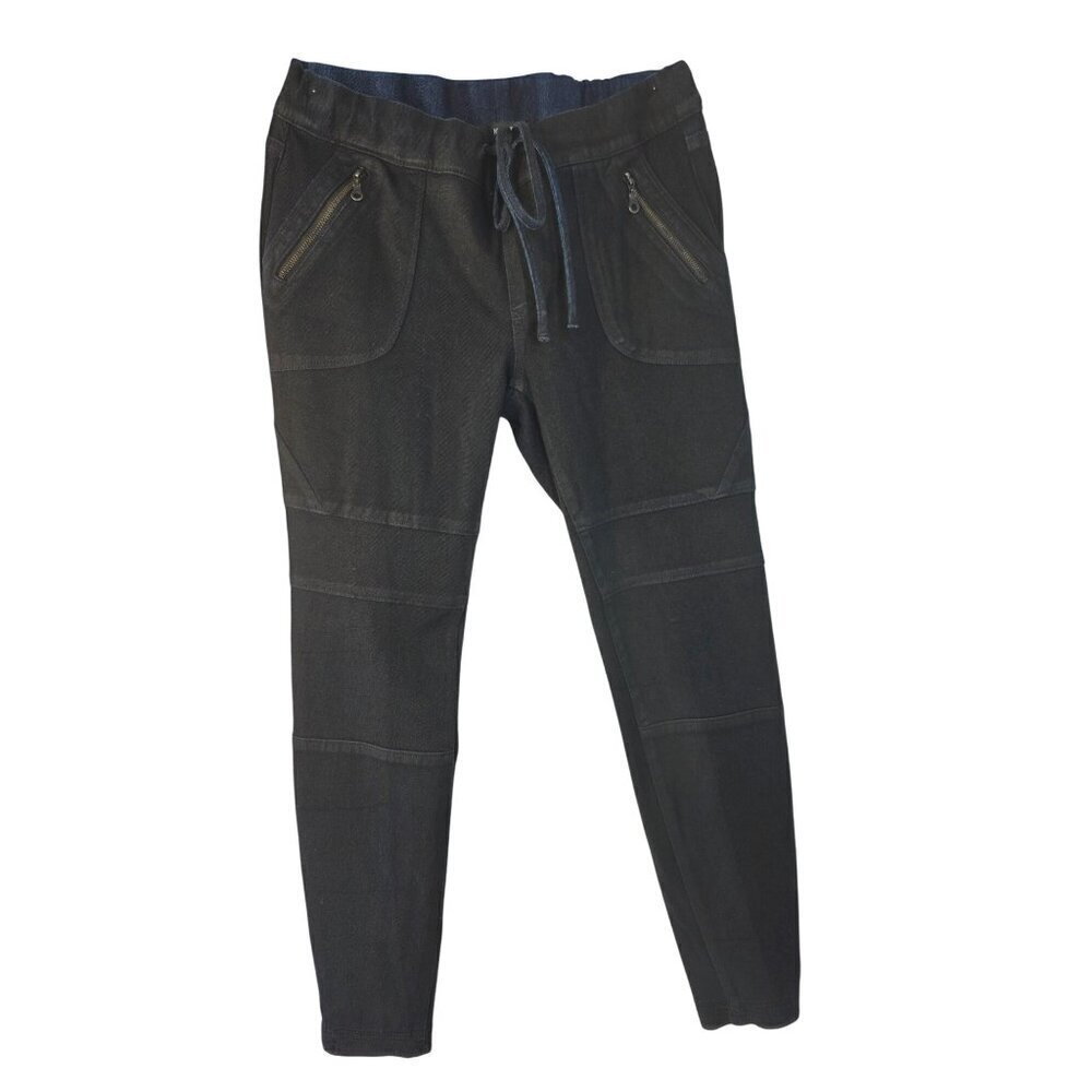 Black Coated Denim Jogger Pants Womens XS Moto Style Zip Pockets by Kiind Of NEW